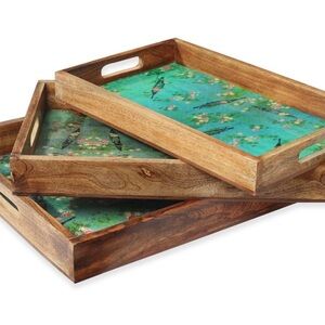 Elegant Wooden Vanity Tray Set with Green Floral Pattern